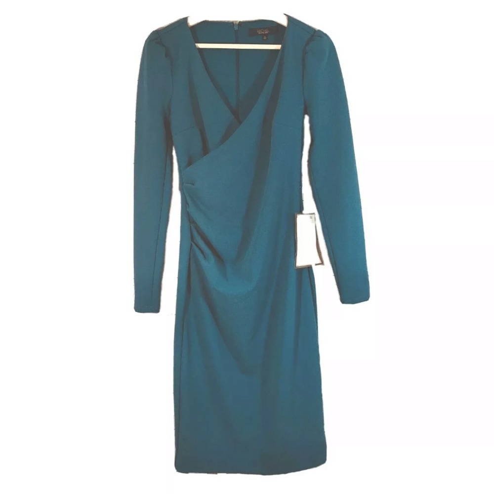 NWT Rachel Roy Faux Wrap Teal Sheath Dress Long Sleeves Sz S